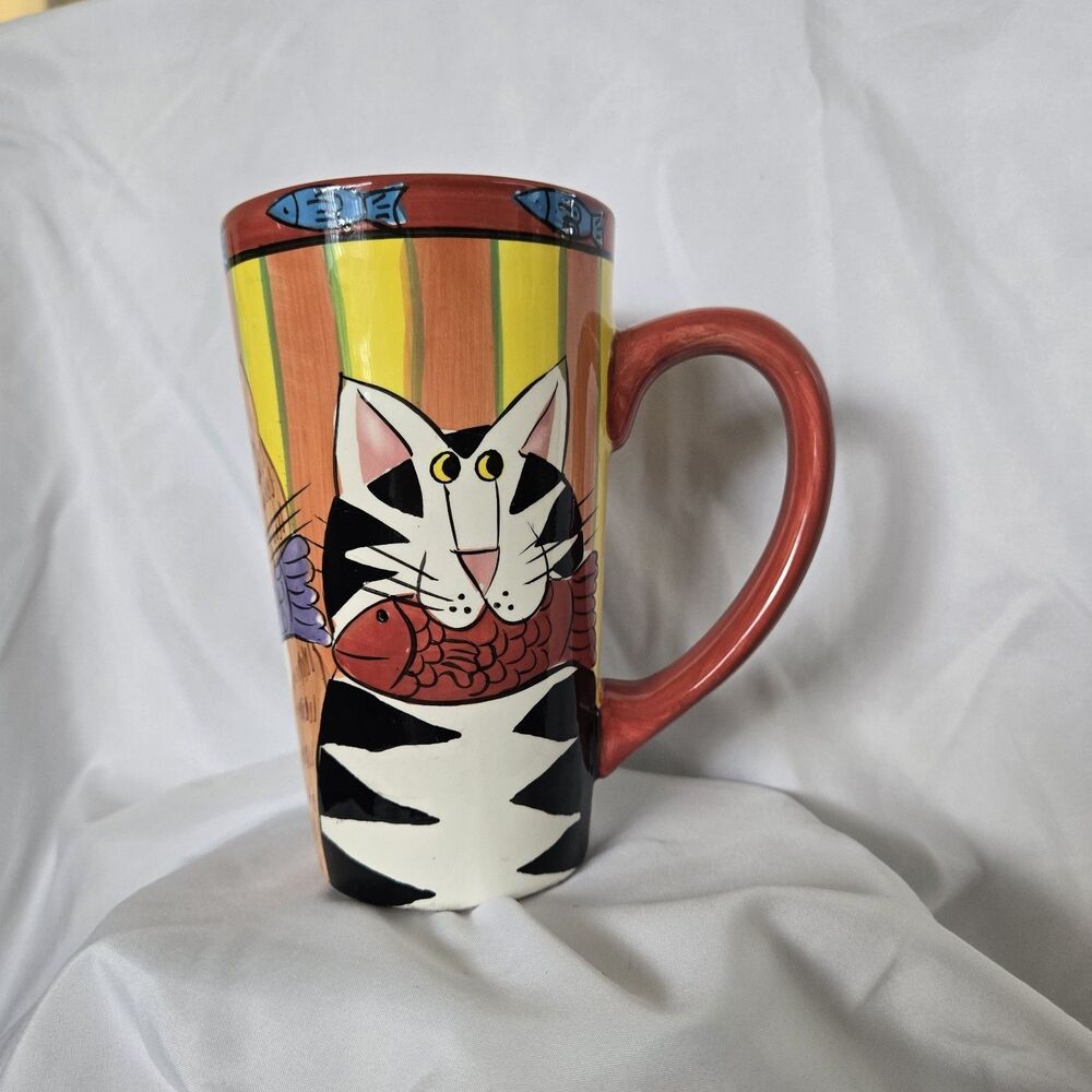 Vintage Candace Reiter CATZILLA"Cats With Fish" Tall Coffee Mug Colorful Ceramic